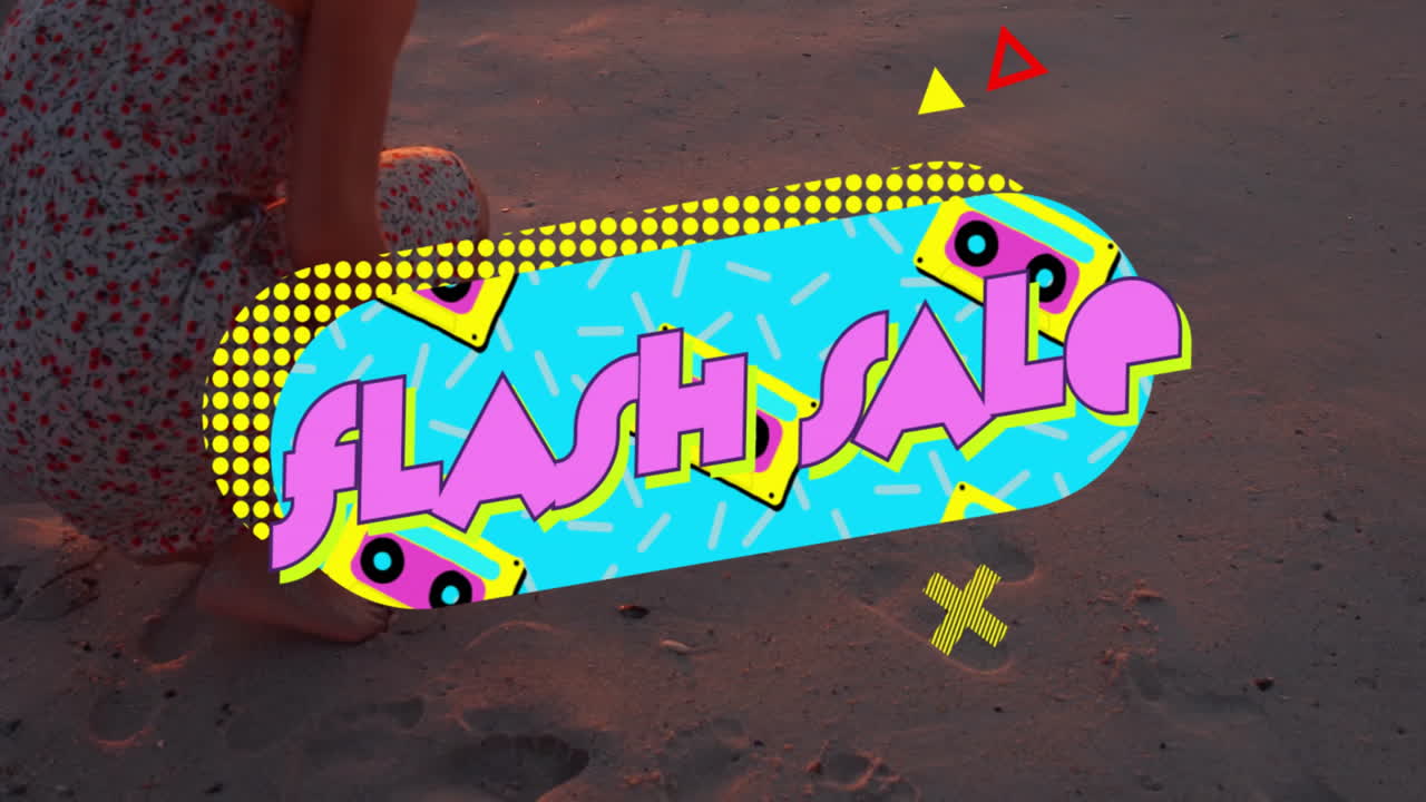 Flash Sale text animation over person sitting on sandy beach