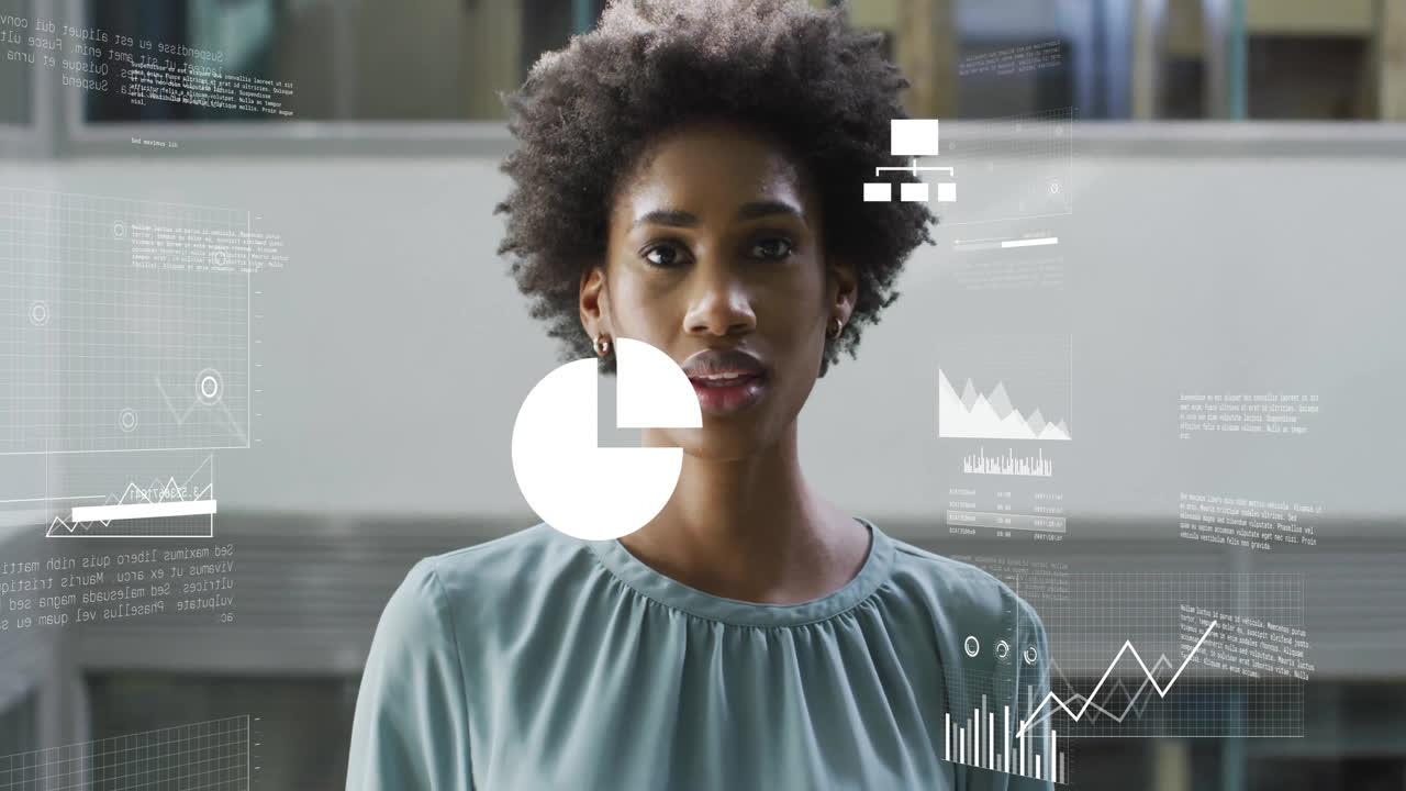 animación de procesamiento de datos digitales sobre mujer de negocios afroamericana