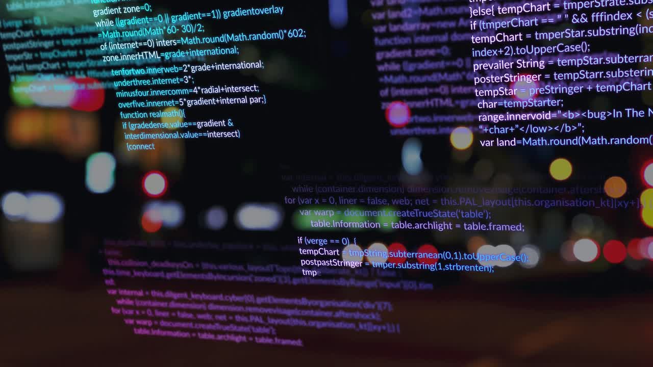 Animation of data processing over city at night