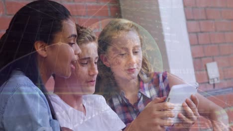 Animation-of-financial-graph-and-globe-over-happy-diverse-pupils-taking-selfie-at-school