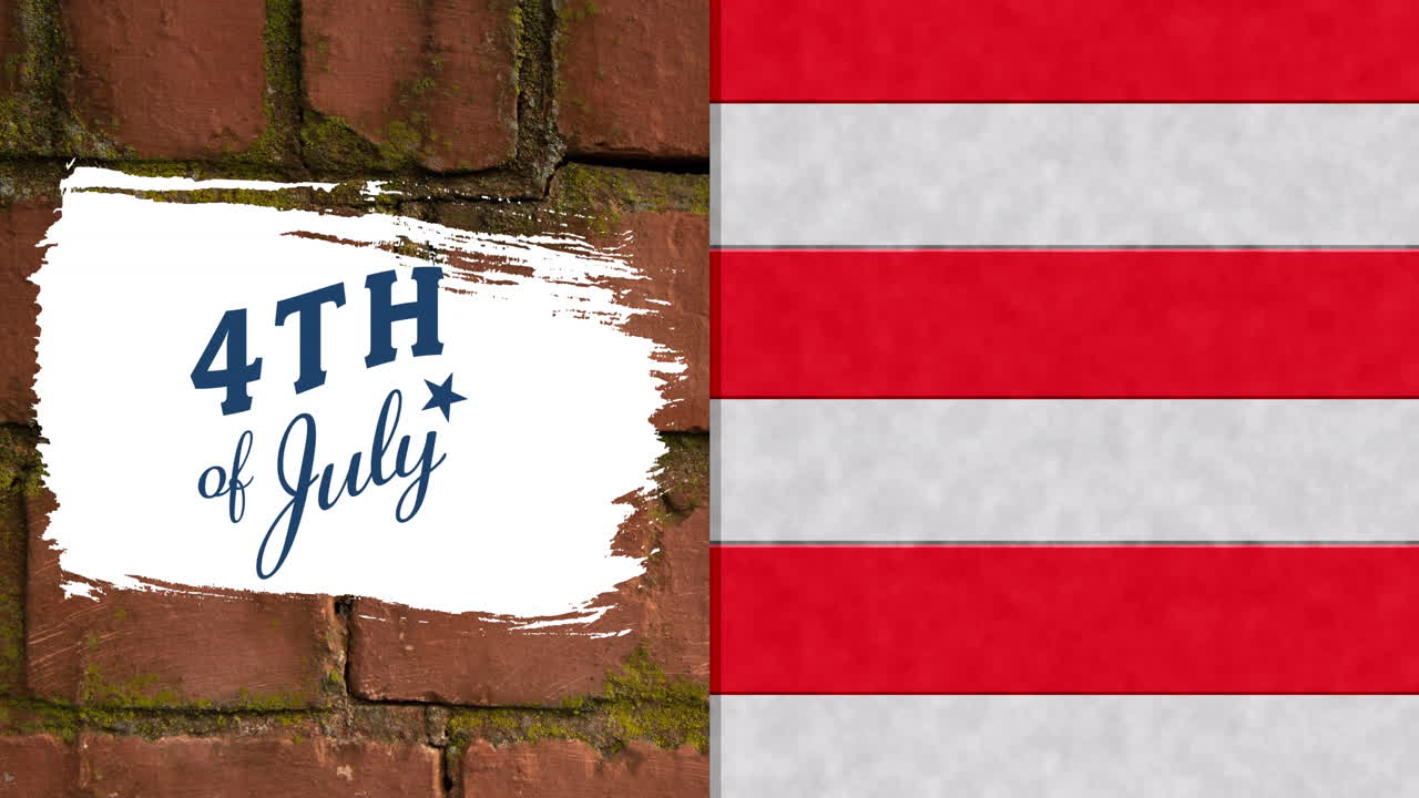 Animation of 4th of july text with white and red stripes over brick wall