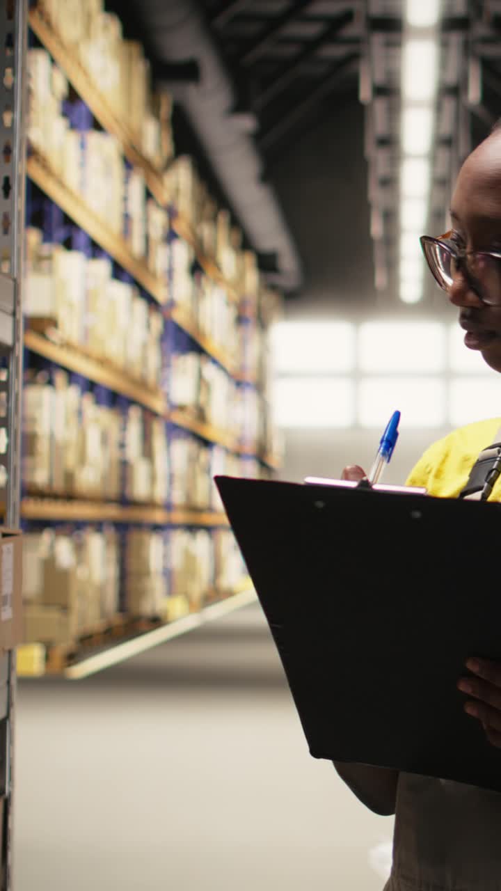 Vertical Video African american female reviewing merchandise data on files for logistics system