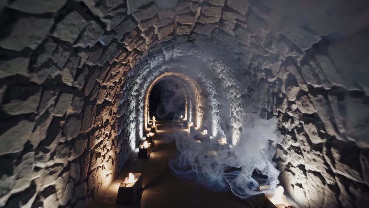 Túnel de pedra misterioso com luz de velas
