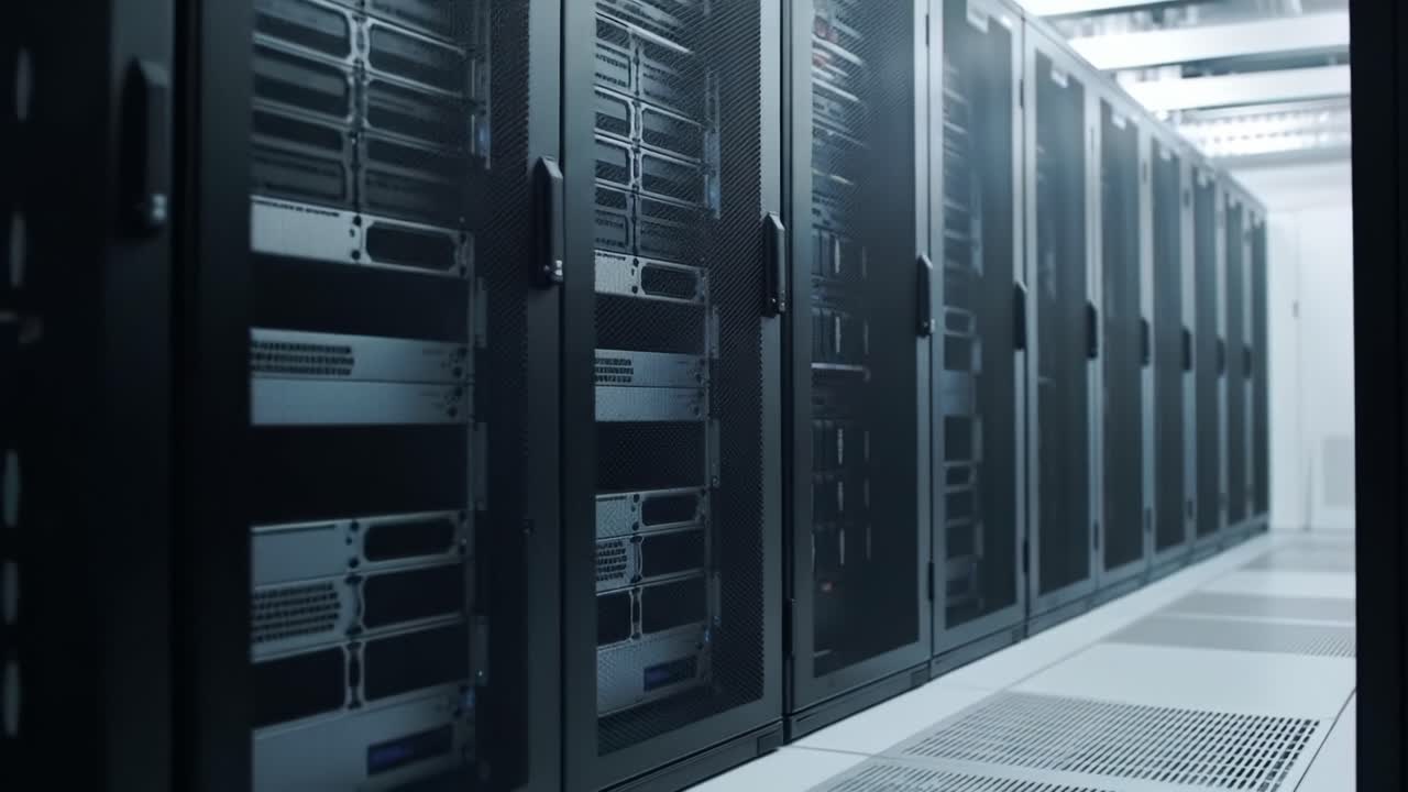 Exploring the Interior of a Modern Data Center: A Glimpse into High-Performance Computing Infrastructure with Rows of Server Racks and Advanced Technology