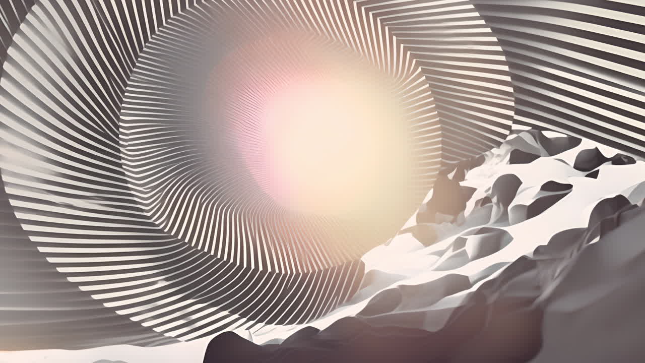 Abstract geometric spiral animation over mountainous landscape