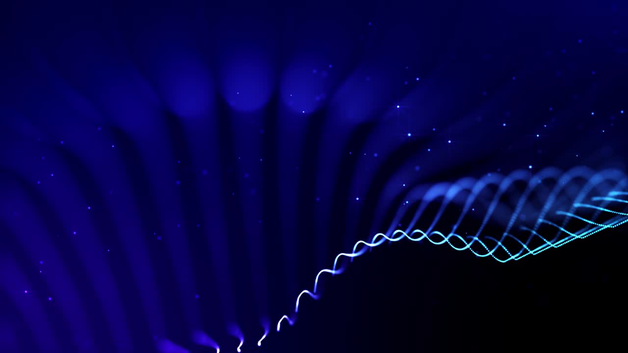 4k looped science fiction particle background with bokeh and light effects. Glow blue particles form lines, surfaces, complex structures in smooth motion like in the microworld or space. 14
