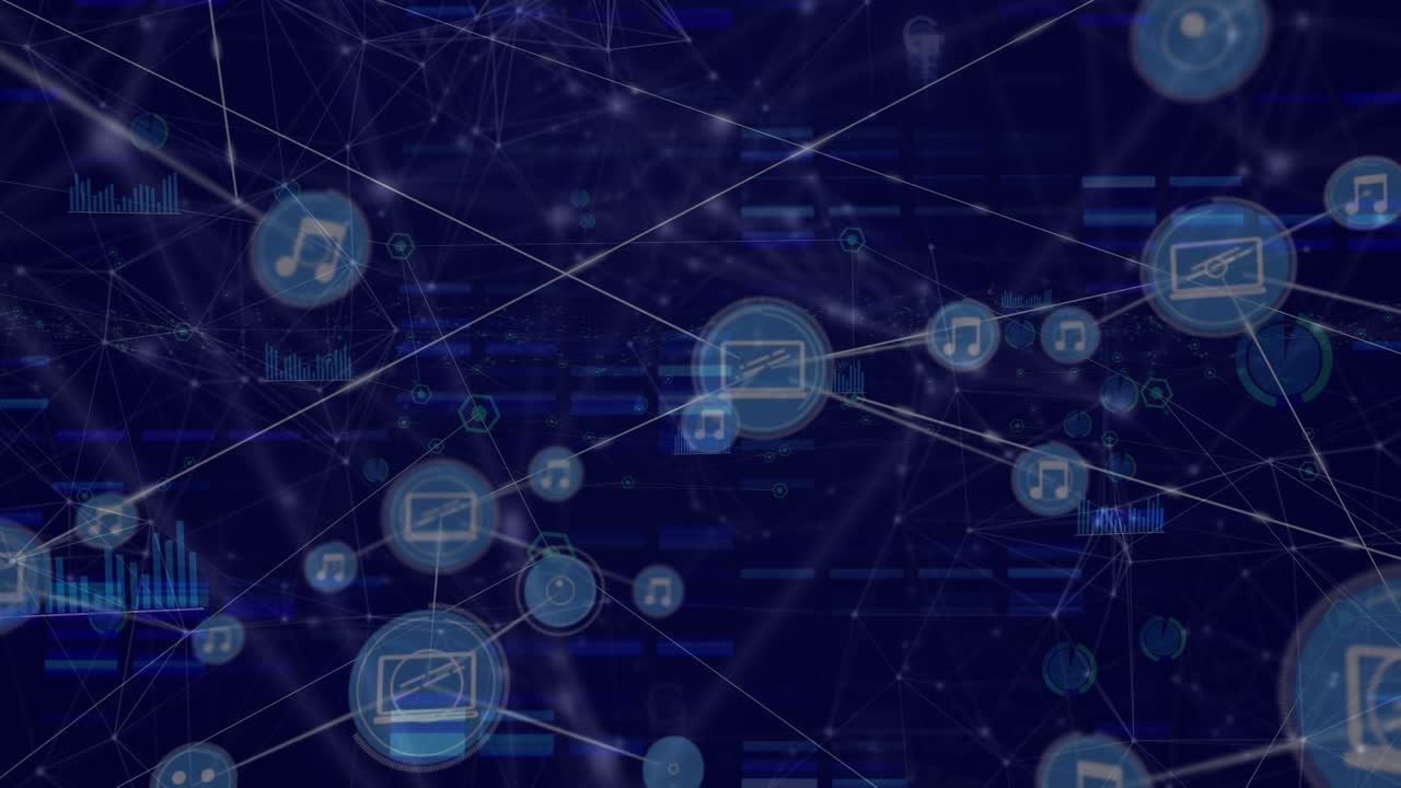 Animation of network of connections with icons in navy space