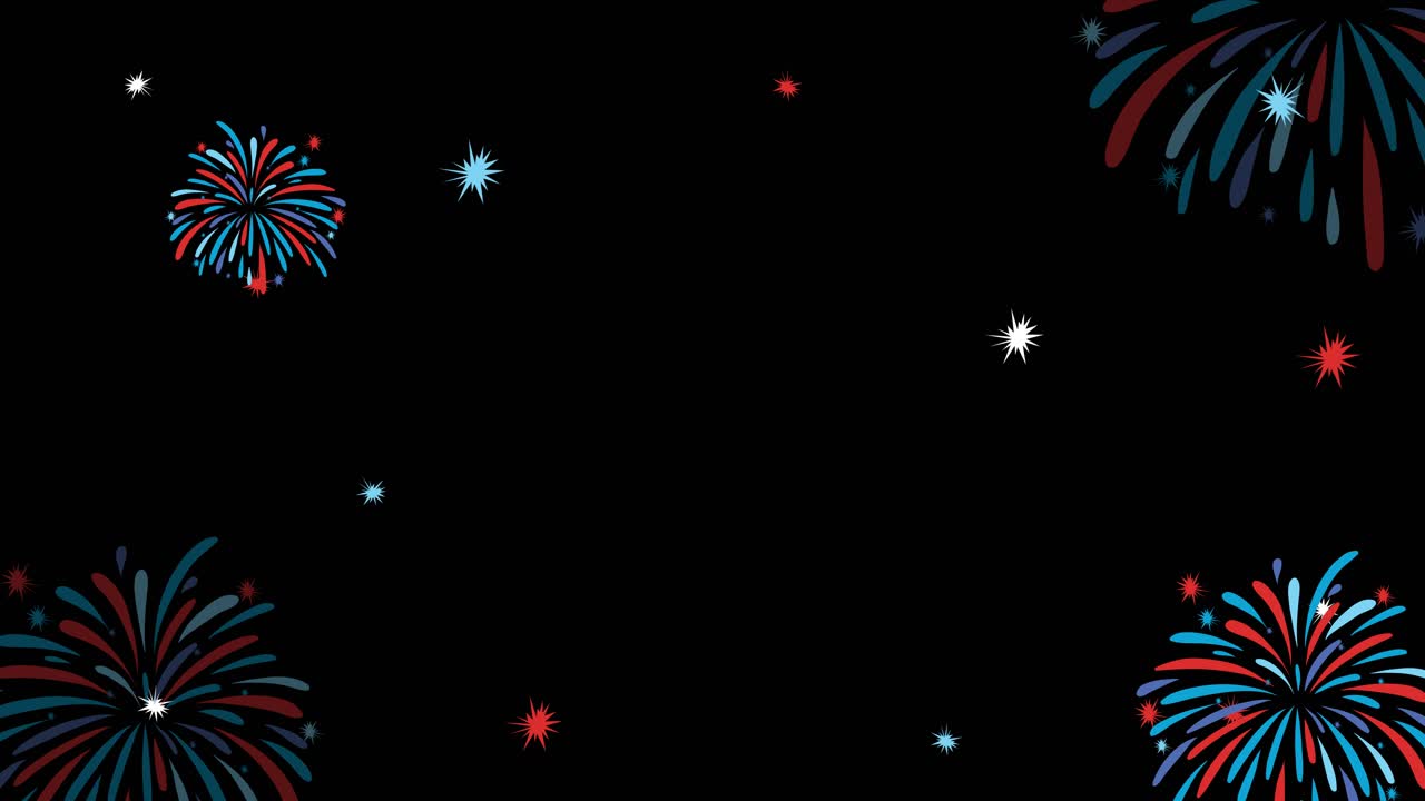 Colorful fireworks burst dynamically against a black background, creating a lively and celebratory atmosphere with red, blue, and white hues