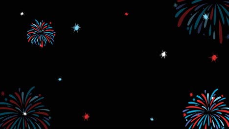 colorful fireworks burst dynamically against a black background, creating a lively and celebratory atmosphere with red, blue, and white hues