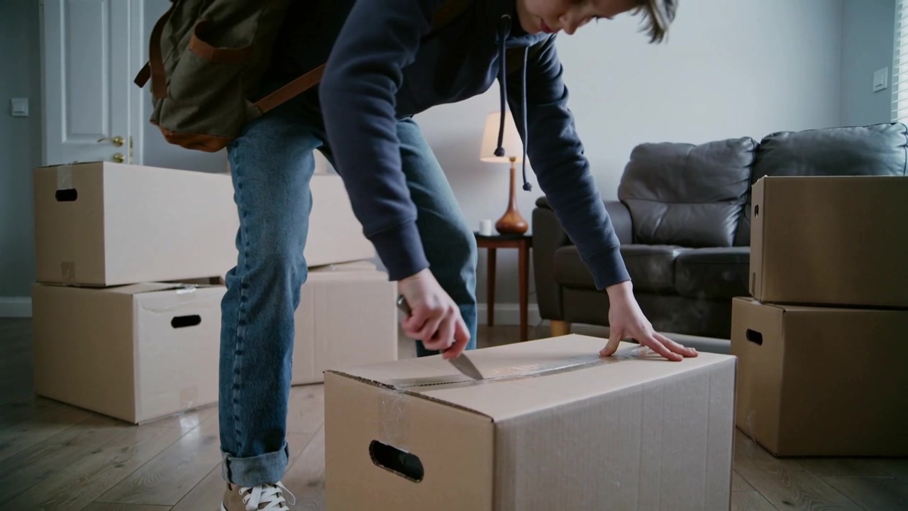 Cutting tape, teen in hoodie backpack unpacking box, checking contents in living room, box cutter