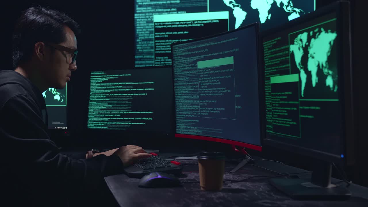 Asian Male Hacker Hacking With Multiple Computer Screens In Dark Room