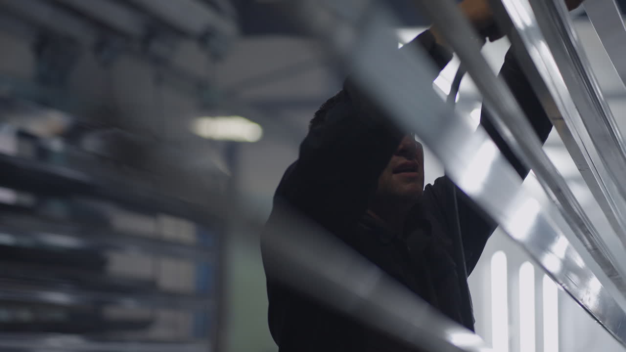retrato de un hombre por un pintor en un taller de pintura en la fábrica preparándose para la pintura. soplando del compresor del polvo y la suciedad. movimiento lento