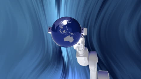 animation of robot's arm holding earth globe over blue light trails in background