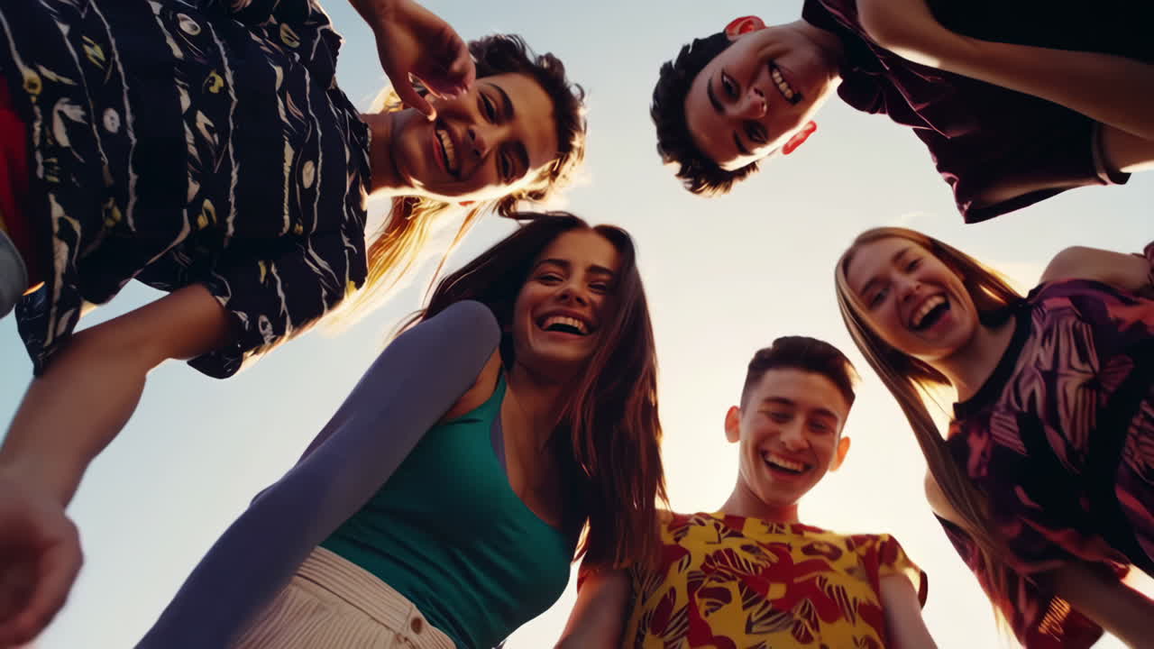 Happy Group of Young Friends Looking Down and Laughing from a Low Angle