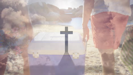 carrying cooler on beach, people with cross symbol overlay, cloudy sky