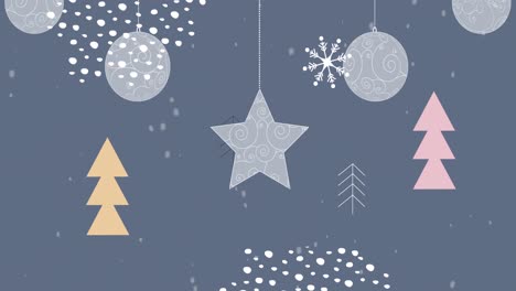 Christmas-hanging-decorations-over-snow-falling-over-christmas-tree-icons-on-blue-background