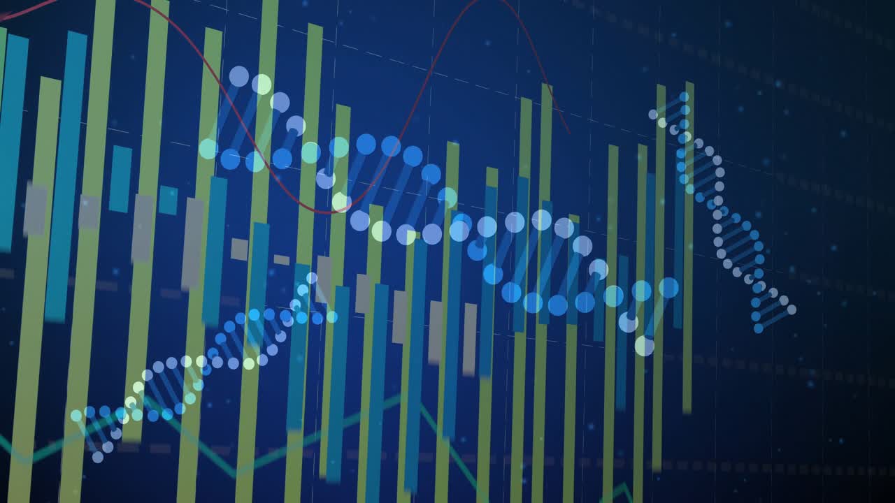 Displaying 3D data visualization with vertical bars and spiraling dotted DNA helix on blue grid