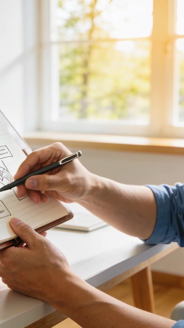 Vertical video: Holding pen poised, hands sketching diagram on notebook at desk by window, planning