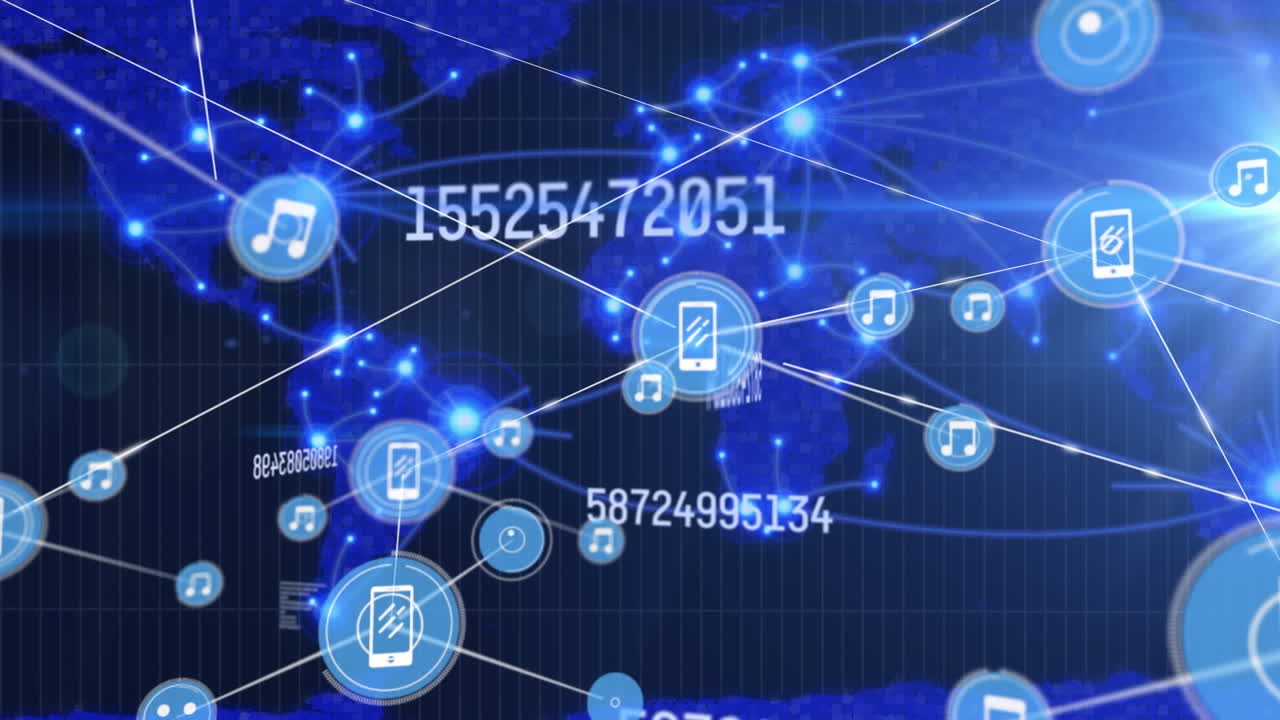 디지털 아이콘 네트워크의 애니메이션과 세계 지도에 반이는 빛의 흔적에 대한 번호의 변화