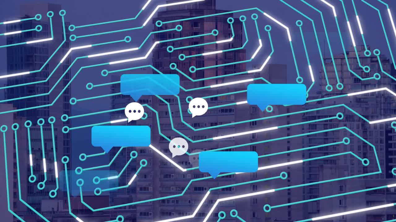 Animation of social media icons and computer circuit board over cityscape