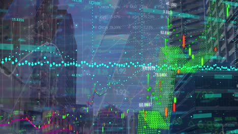 animación del procesamiento de datos financieros sobre el paisaje urbano