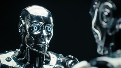 intriguing encounter: two futuristic robots reflect on their existence in a captivating showcase of advanced robotics and artificial intelligence