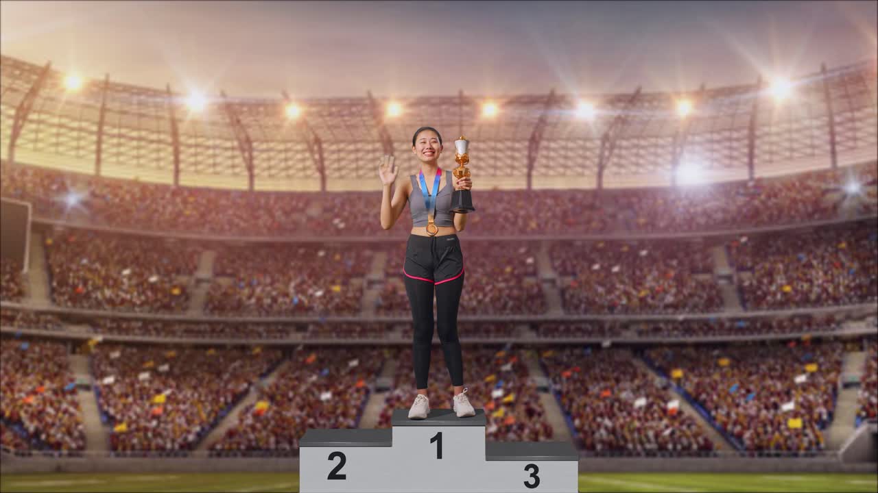 mujer ganadora en el podio en el estadio