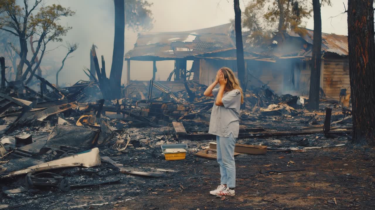A child stands devastated in front of a house destroyed by fire