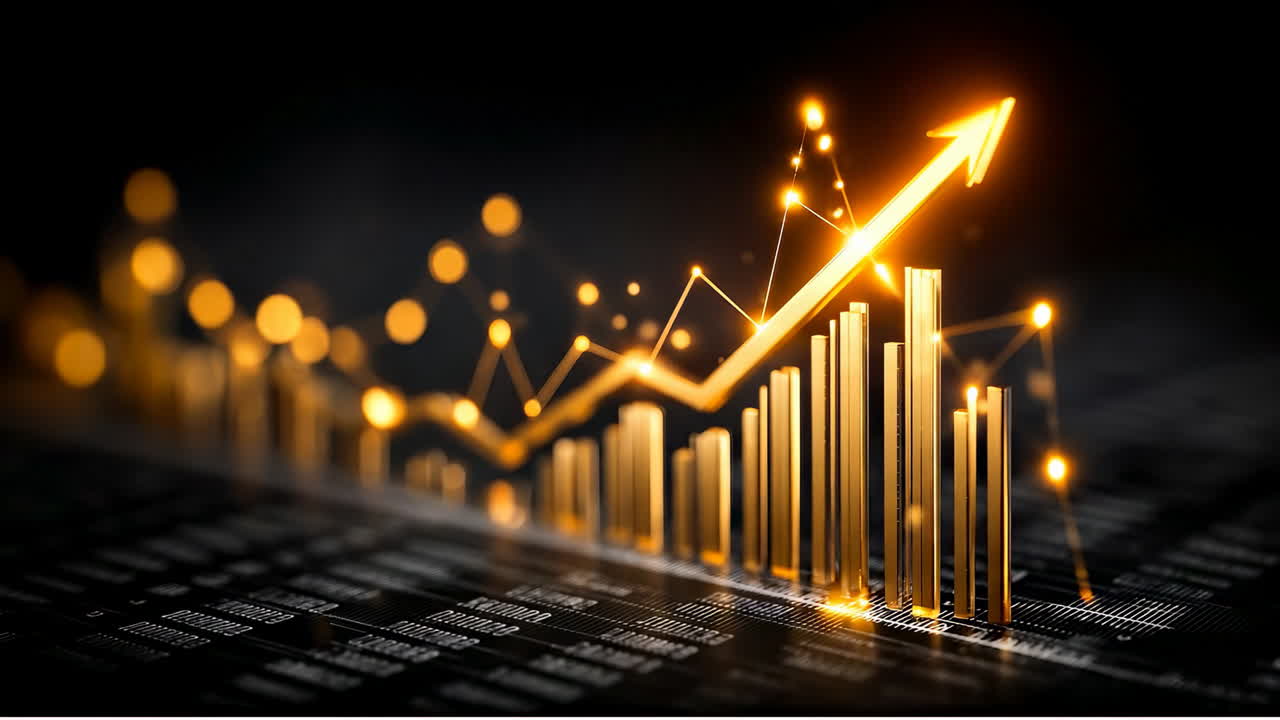 Stock market up with gold. A golden arrow rises above glowing bars on a dark background, symbolizing stock market growth and positivity