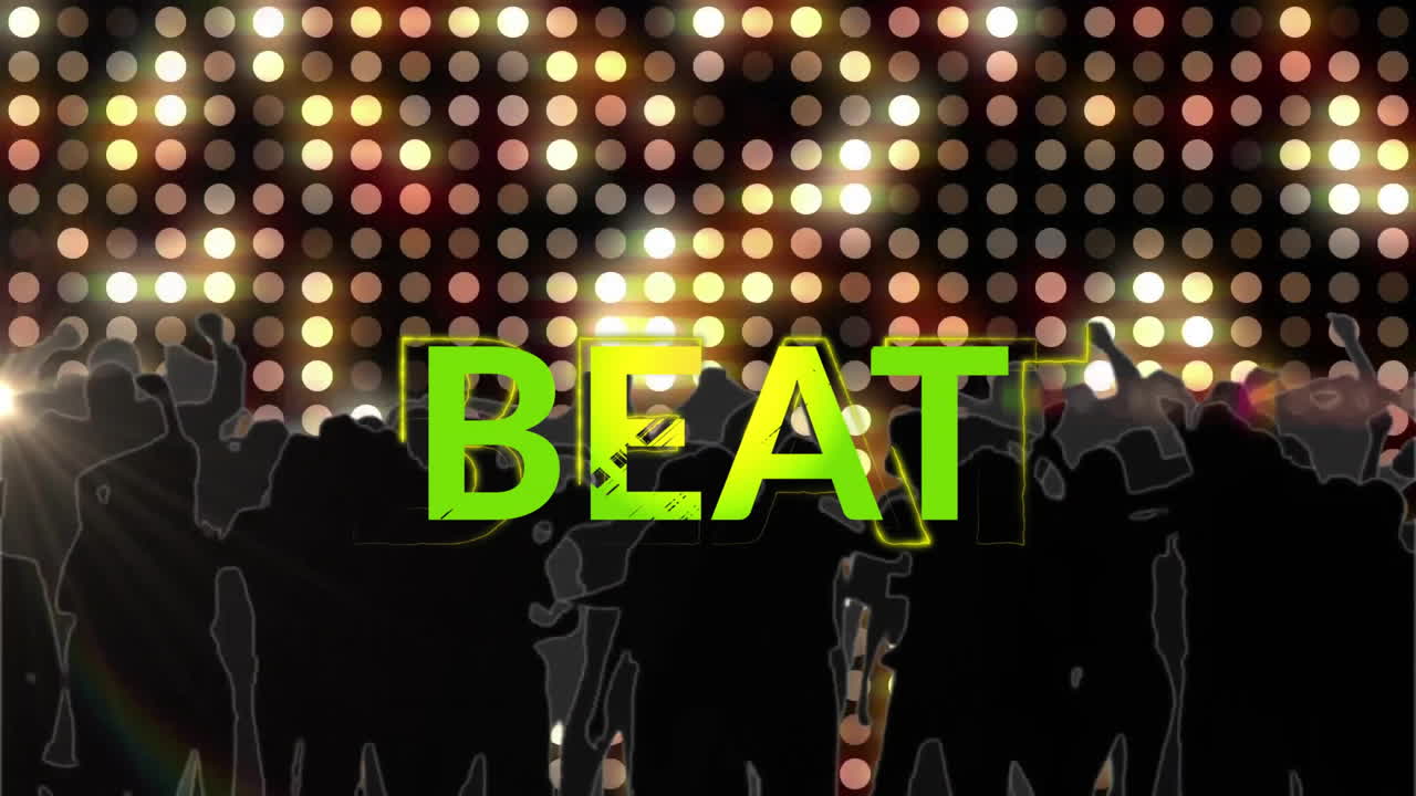 Animation of beat text over silhouettes of dancing people and flashing lights on black background