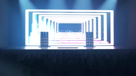 crowded concert hall with scene stage lights, show performance. silhouettes of people waiting for a concert or party. colorful neon digital display with equalizer, soundwaves and flashing lights.