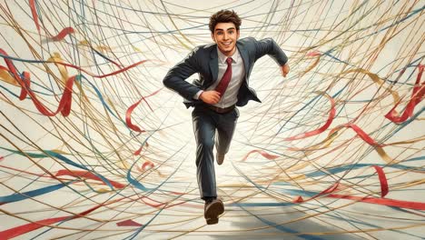 businessman running through abstract art tunnel