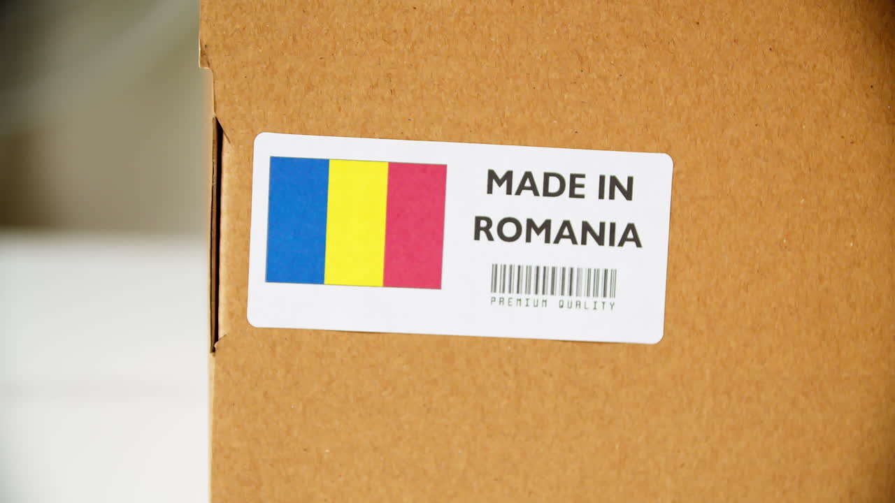 Hands applying MADE IN ROMANIA flag label on a shipping cardboard box with products