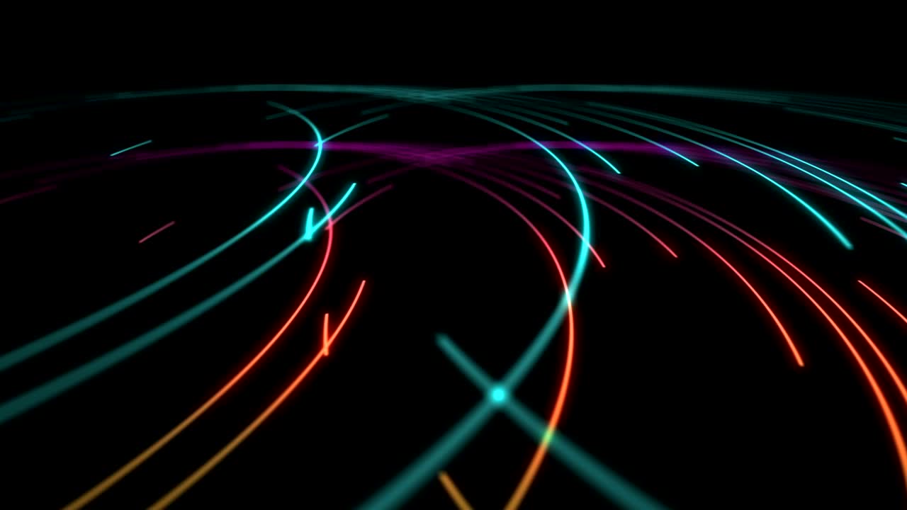 Abstract Line spiral lighting moving pink yellow and blue color, technology network digital data transfer concept design, glowing on black background seamless looping animation 4K with copy space