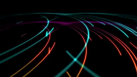 abstract line spiral lighting moving pink yellow and blue color, technology network digital data transfer concept design, glowing on black background seamless looping animation 4k with copy space