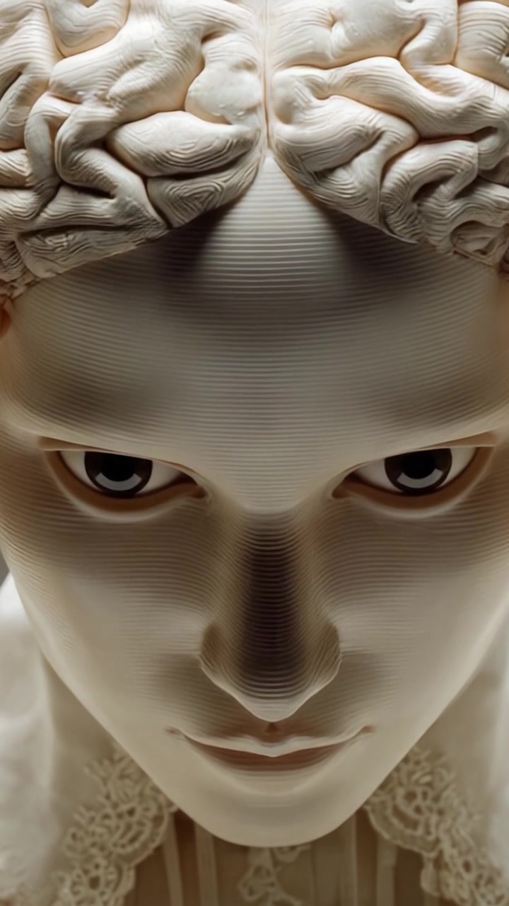 Scultura Intricata di un Volto Umano con Dettagli del Cervello Esposti, che Cattura l'Intersezione tra Arte e Anatomia con una Straordinaria Tecnica di Stampa 3D