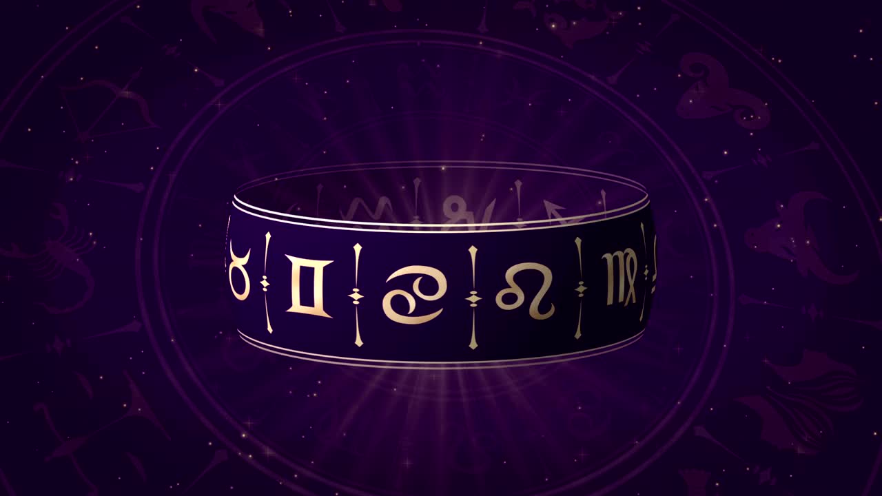 Horoscope wheel, zodiac circle on the dark background with glowing particles