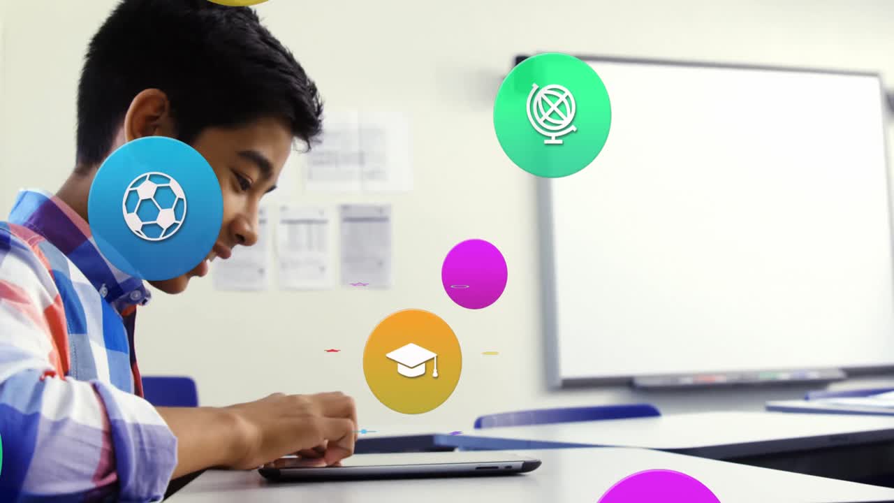 animación de iconos coloridos sobre un escolar biracial usando una tableta