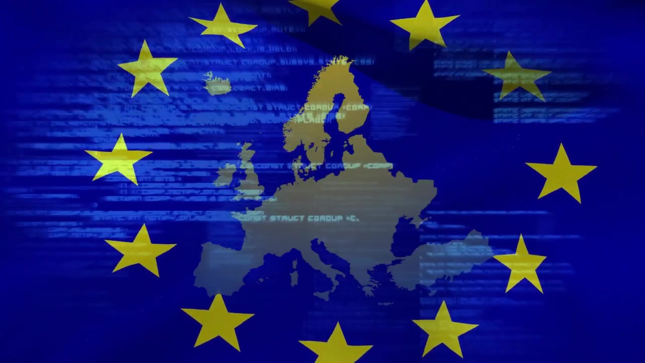Emblema dell'UE che si apre con linee di scansione ondulate attraverso la silhouette dorata del continente, rivelando dati con glitch.