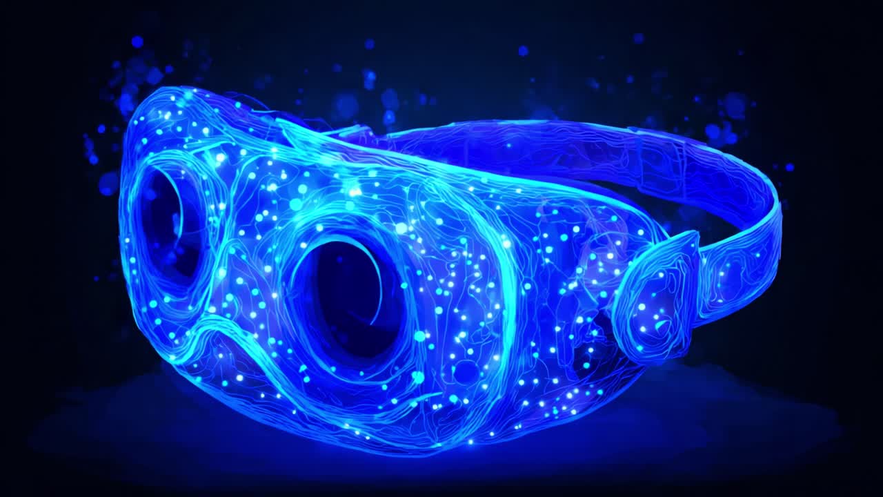 Illuminated Virtual Reality Headset Surrounded by Sparkling Energy Particles, Showcasing Advanced Technology and Immersive Experiences in a Futuristic and Dynamic Visual Environment