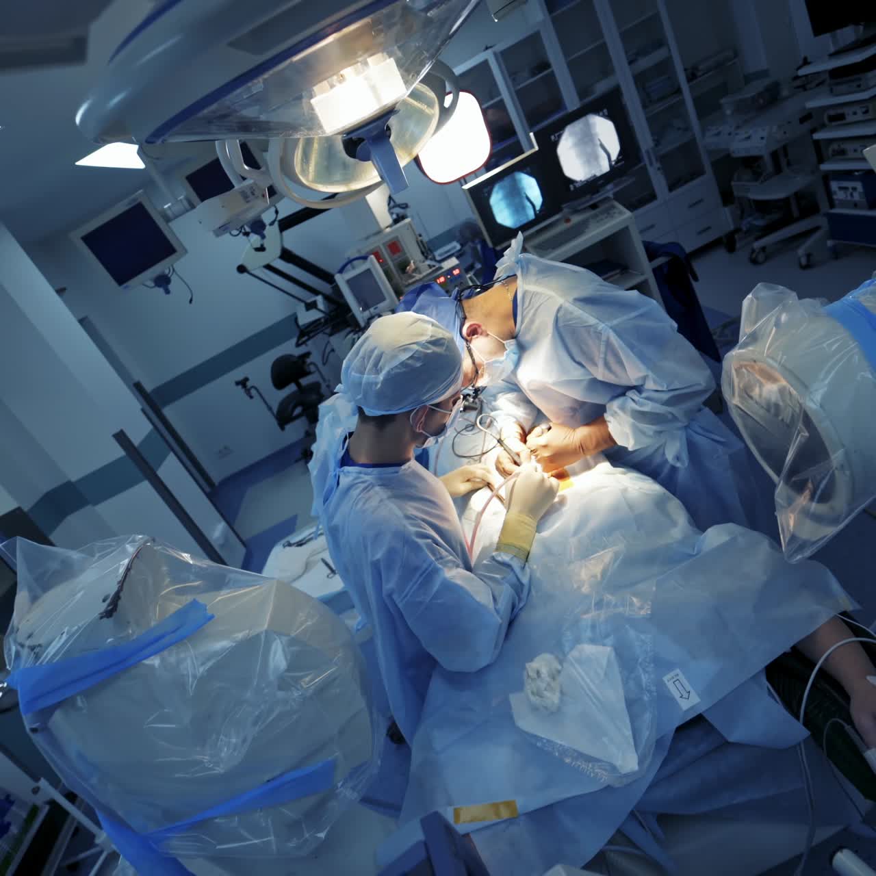 Professional doctors in medical uniform making an operation. Process of operation by neurosurgeons