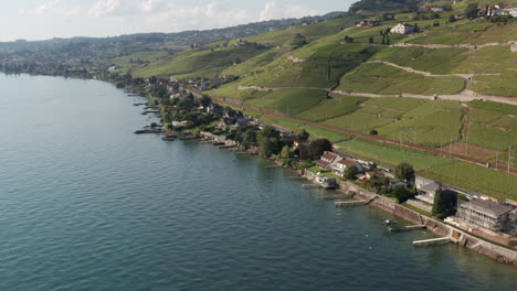 volando desde el lago de ginebra hacia hermosas casas junto al lago en suiza