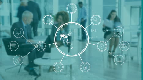 profesionales diversos en la oficina moderna, el procesamiento de datos con iconos de negocio animación