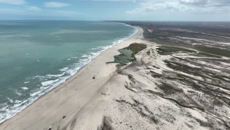 golden sandy beach with water waves, aerial shot of jericoacoara coastline