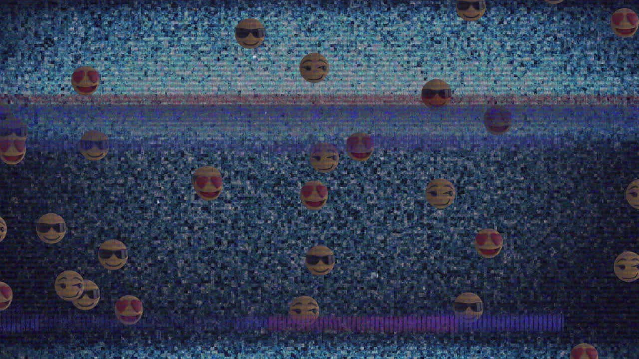 Digital animation of multiple face emojis floating against tv static effect on blue background