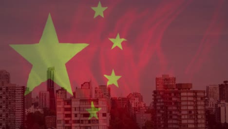 animation of national flag of china and lens flares over tall buildings against sky in city