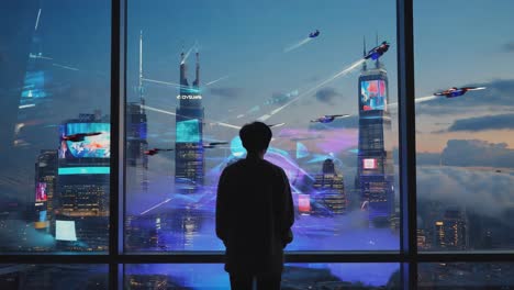 paisaje urbano futurista con vehículos voladores