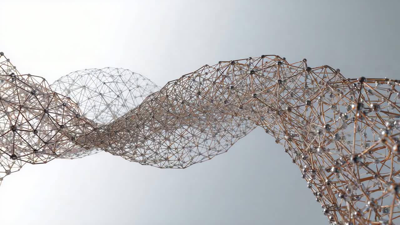 Panning camera revealing metal mesh rising and tightening at outdoor site, revealing nodes
