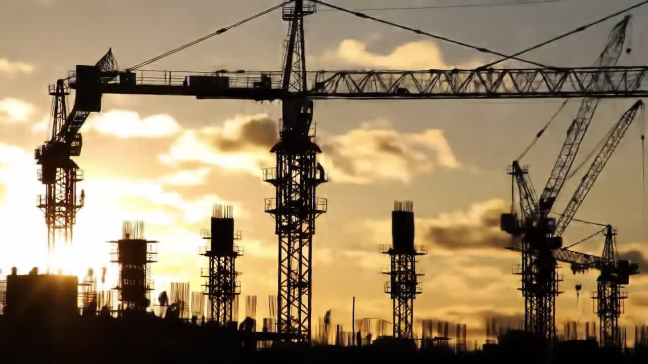 Construction cranes tower against a sunset backdrop, highlighting the bustling activity of urban development and architectural advancements in the city skyline.