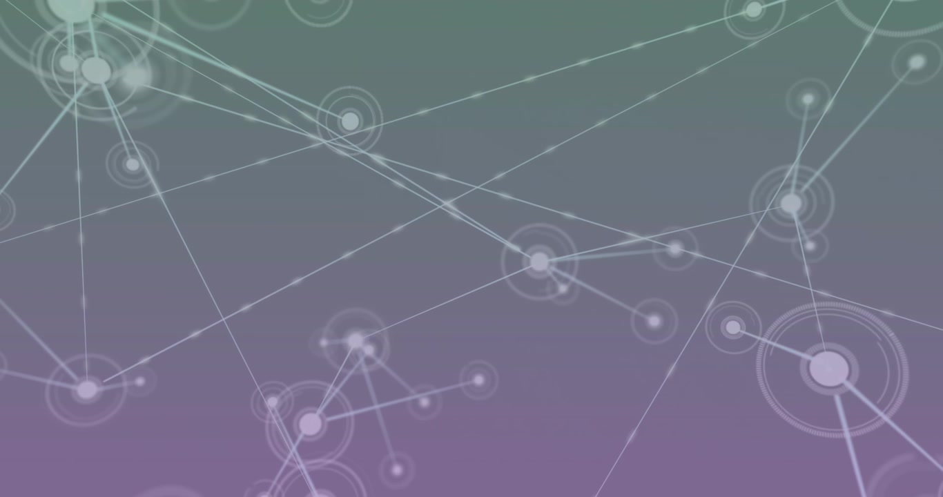 Animation of network of connections against grey and purple gradient background